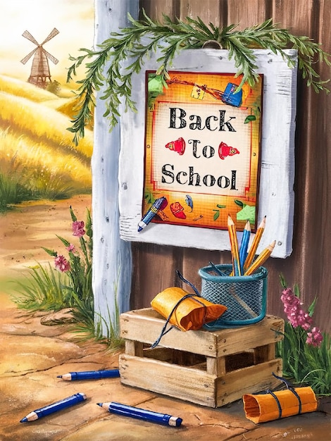 una pintura de una escuela con un letrero que dice de vuelta a la escuela