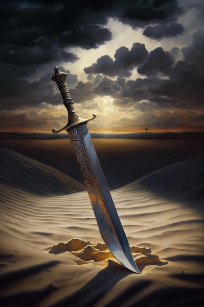 Una pintura de una espada en la arena con el sol detrás.