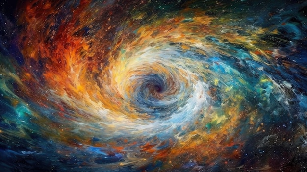 Una pintura de una espiral con un remolino azul y naranja en el centro.