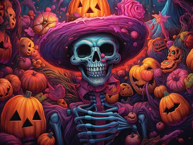 Una pintura de un esqueleto con un disfraz de Halloween.