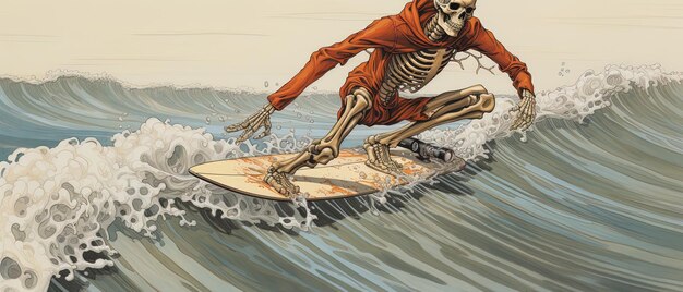Foto una pintura de un esqueleto montando una tabla de surf en una ola