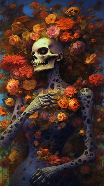 Una pintura de un esqueleto rodeado de flores.