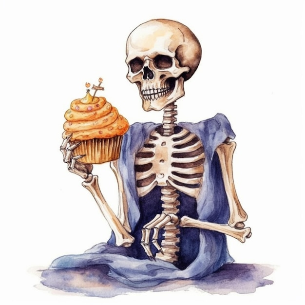 Una pintura de un esqueleto sosteniendo una magdalena y una vela generativa ai