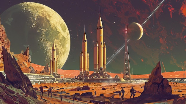 una pintura de una estación espacial con una estrella en el cielo