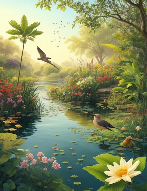una pintura de un estanque con un estanque y un pájaro volando por encima de él