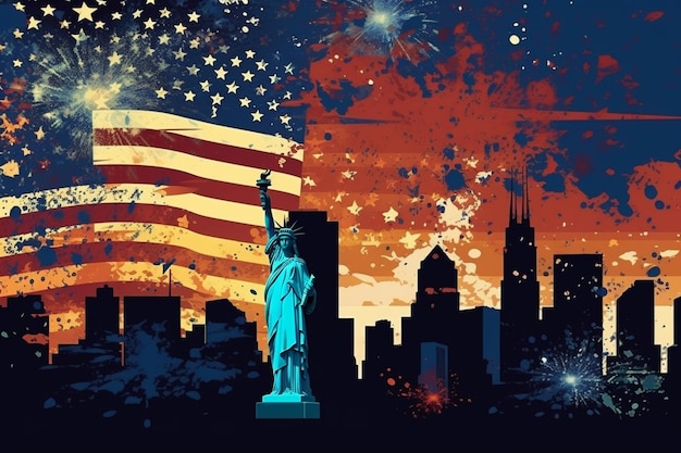 Una pintura de la estatua de la libertad con una bandera y la bandera estadounidense al fondo.
