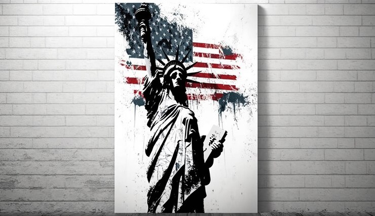 Una pintura de la estatua de la libertad con la bandera estadounidense en la parte superior.