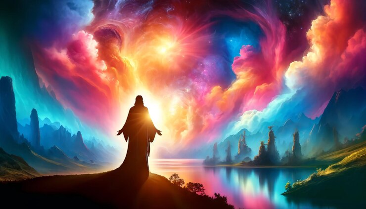 Foto una pintura de una estatua con el sol brillando detrás de él