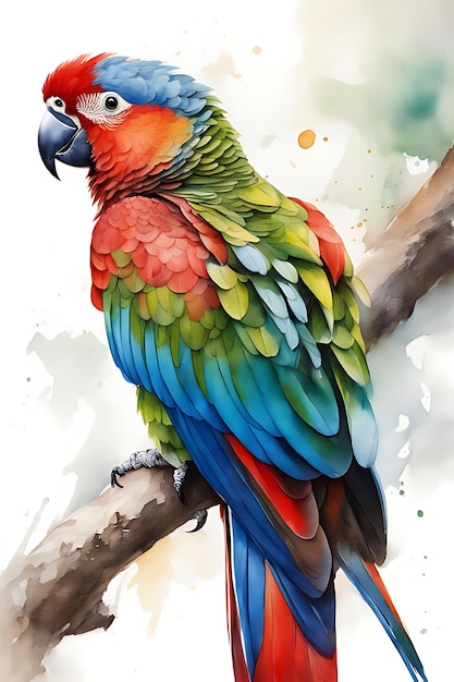 Pintura estilo acuarela de un loro posado en una rama con flores Pintura de empaste grueso