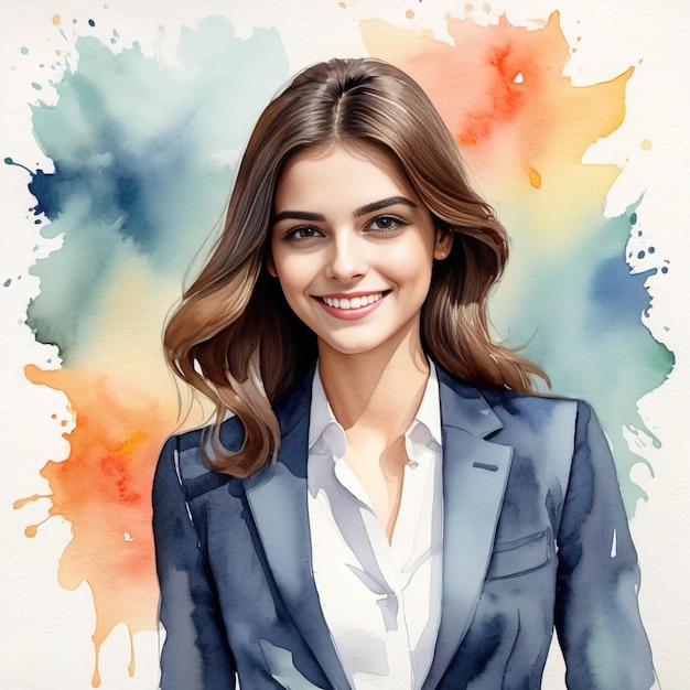 Pintura de estilo acuarela mujer de negocios textura de papel visible color lavado acuarela sonriente