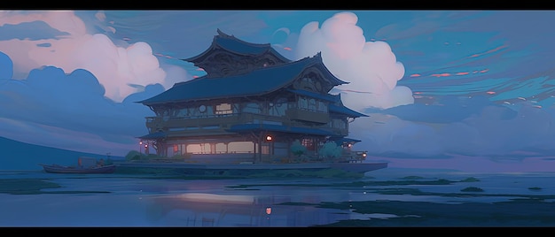 pintura de estilo anime de una casa japonesa en un lago con un barco