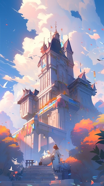 pintura de estilo anime de un castillo con una mujer sentada en un banco generativo ai