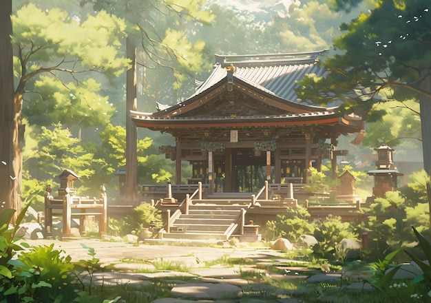 Pintura estilo anime de um templo japonês na floresta ai generativa