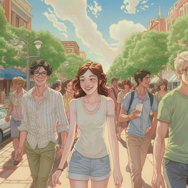 Pintura estilo anime de un grupo de personas caminando por una calle generativa ai