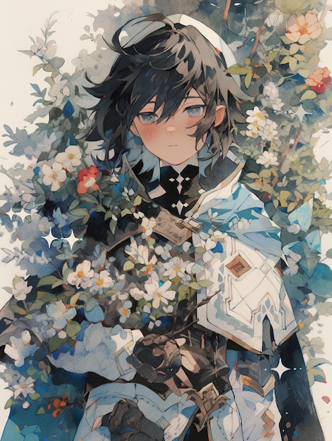 pintura de estilo anime de una mujer con un libro y flores generativo ai