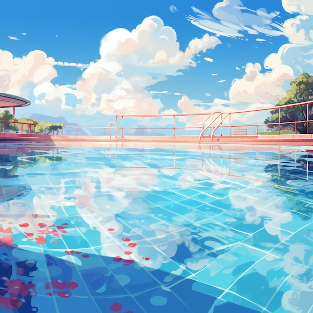 Pintura estilo anime de una piscina con un puente y un bote generativo ai