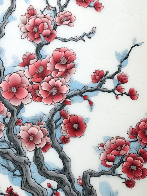 Una pintura de estilo chino de una rama de un cerezo.