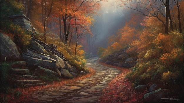 pintura estilo homas kincade de un camino rocoso en las montañas de ashville en otoño después de la lluvia fondo de pantalla