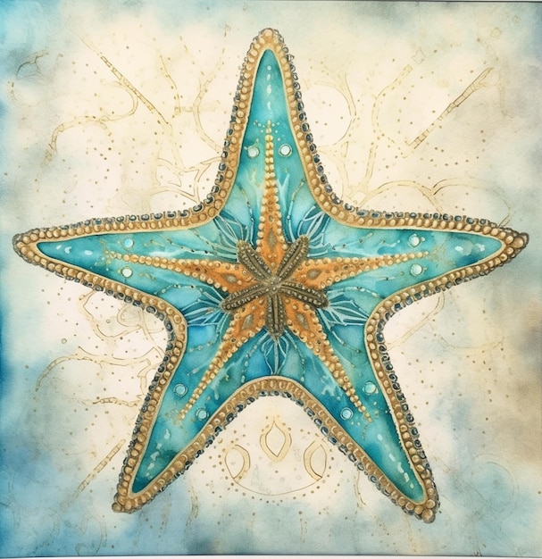 Pintura de una estrella de mar con un fondo azul y un borde dorado