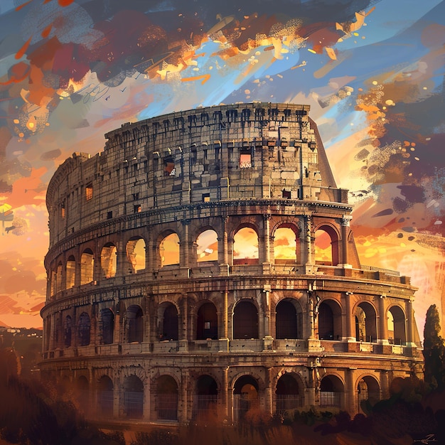 una pintura de estructura romana con un fondo de cielo