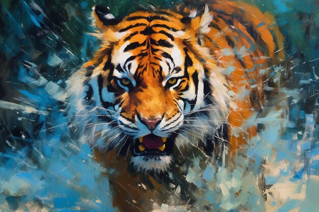 Pintura expressionista de um tigre com foco em capturar sua energia e intensidade