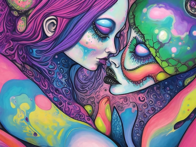 Pintura expressiva de Francesca Sundsten de duas bizarras criaturas psicodélicas se beijando