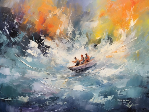 Una pintura exquisita de kayakistas cruzando rápidos salvajes IA generativa