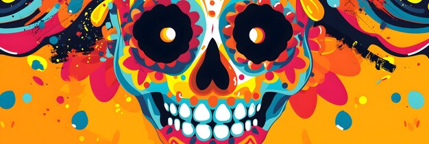 Pintura facial de crânio mexicano Cinco de Mayo Calavera Abstracto Banner Retrato de mulher no Carnaval mexicano