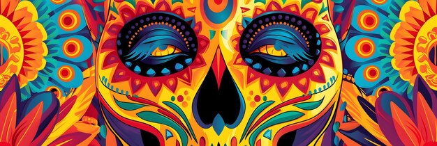 Pintura facial de crânio mexicano Cinco de Mayo Calavera Abstracto Banner Retrato de mulher no Carnaval mexicano