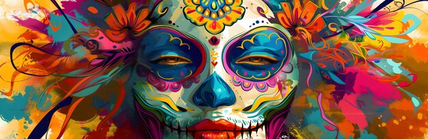 Pintura facial de crânio mexicano Cinco de Mayo Calavera Abstracto Banner Retrato de mulher no Carnaval mexicano