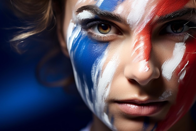 Pintura facial vibrante celebrando a seleção da França