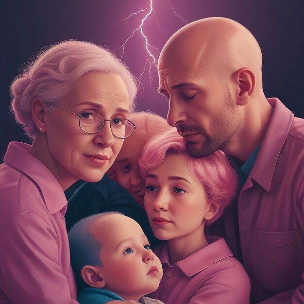 Foto una pintura de una familia con un bebé y un rayo