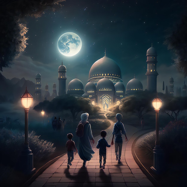 Una pintura de una familia caminando hacia una mezquita con la luna al fondo.