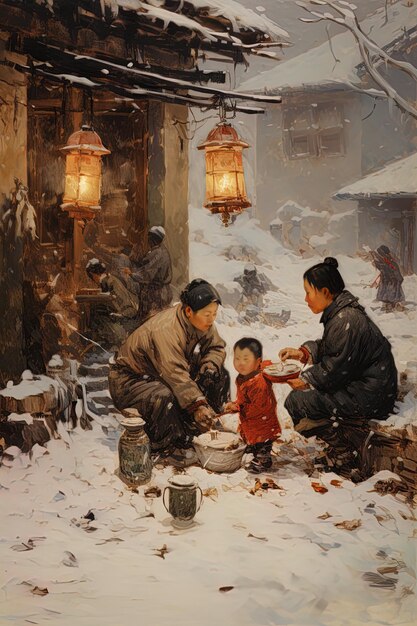 una pintura de una familia en una ciudad nevada con un niño en una camisa roja