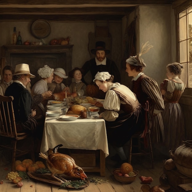 Una pintura de una familia en una comida de acción de gracias.