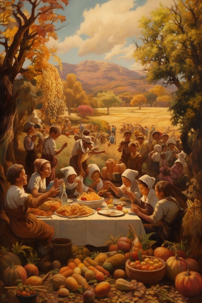 una pintura de una familia comiendo