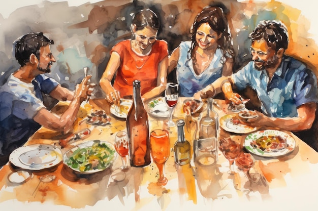 Una pintura de una familia comiendo.