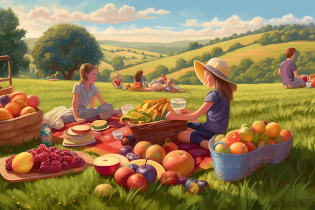 Pintura de una familia disfrutando de un picnic