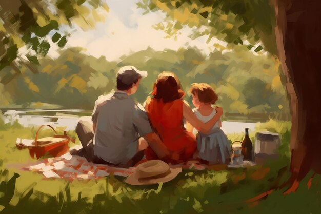 Pintura de una familia disfrutando de un picnic