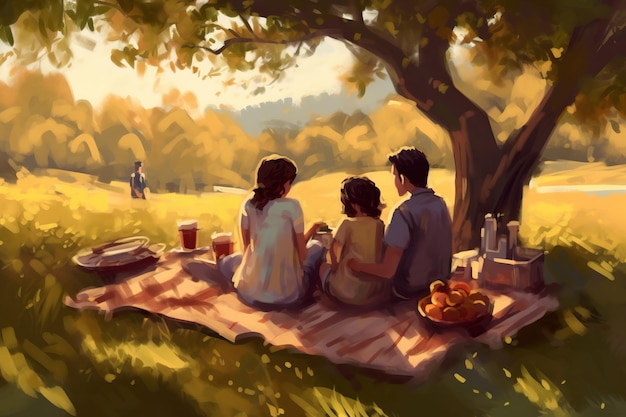 Pintura de una familia disfrutando de un picnic