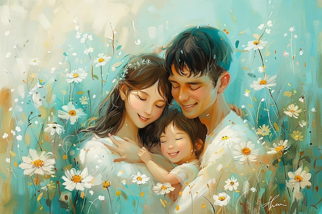 una pintura de una familia con flores en el fondo