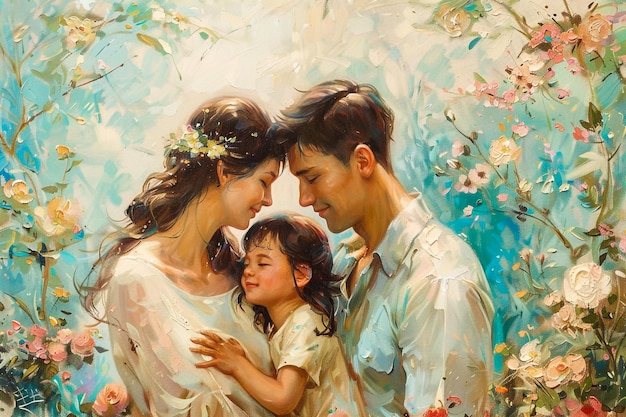 una pintura de una familia con flores en el fondo