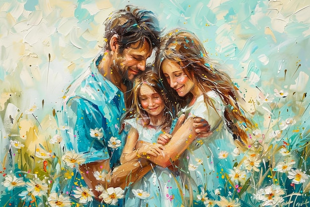 una pintura de una familia con flores en el fondo