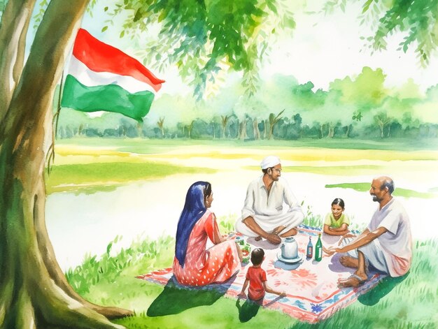 Una pintura de una familia haciendo un picnic en un parque.