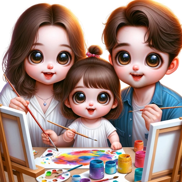 Una pintura de una familia con un niño y una pintura de una niña