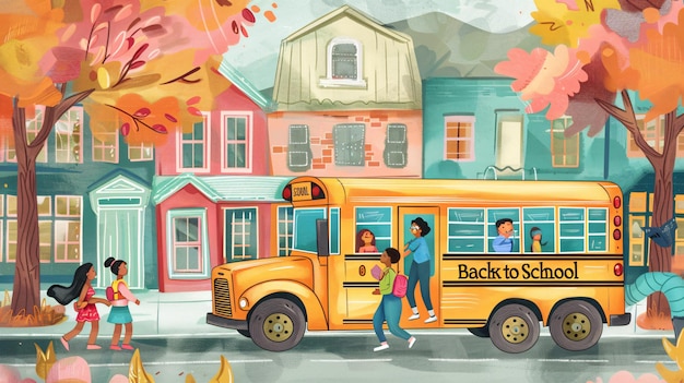 una pintura de una familia yendo a la escuela con una casa y una casa con una casa en el fondo
