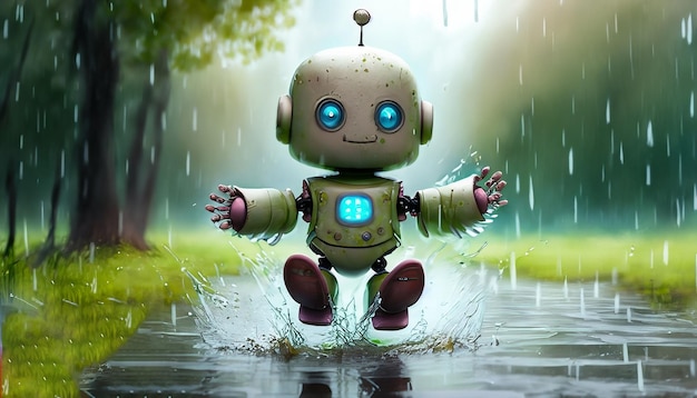 Una pintura de fantasía de un robot lindo en galoshes saltando en un charco en un día lluvioso húmedo T-Shirt