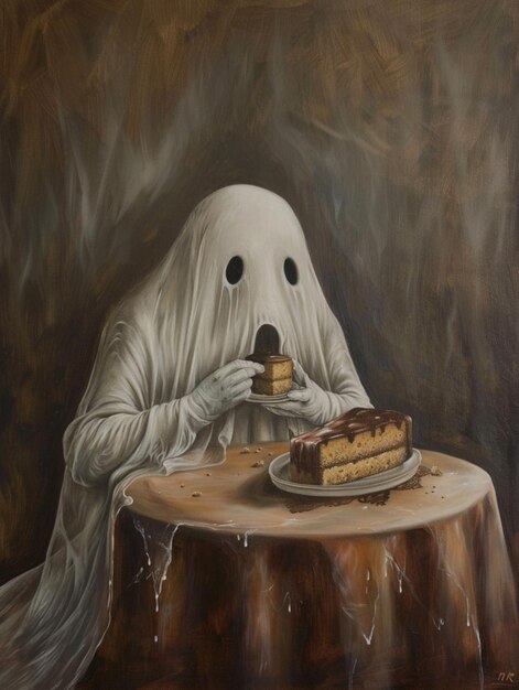 Foto pintura de un fantasma comiendo un pedazo de pastel en una mesa generativo ai