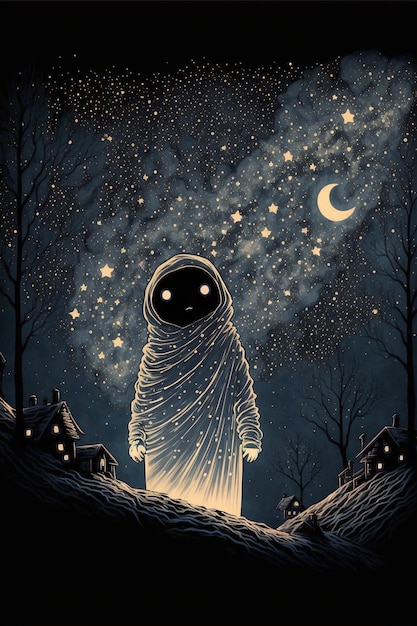 Una pintura de un fantasma con la luna de fondo.