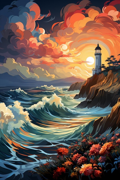 Pintura de un faro en un acantilado con vistas al océano